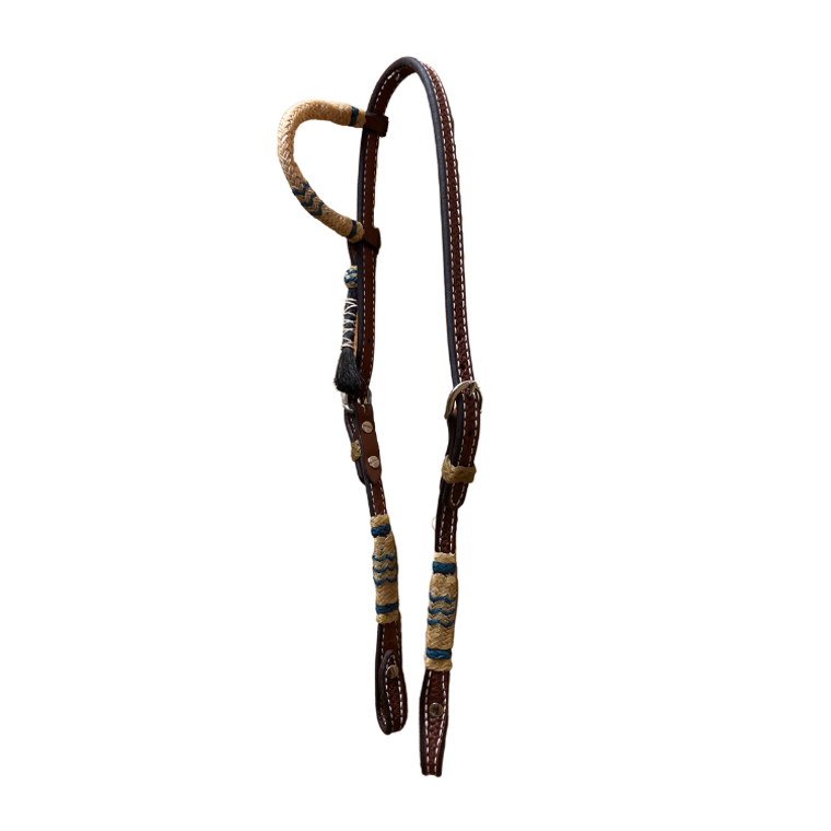 Ray's Basket Stamped Heavy Oil One Ear Headstall with Turquoise Rawhide Trim