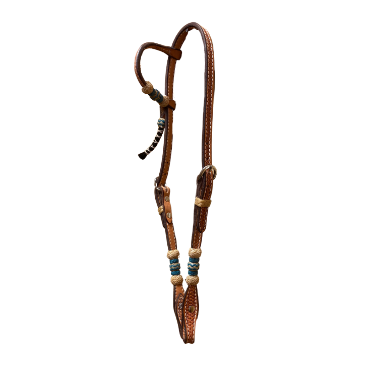 Ray's Basket Stamped Light Oil One Ear Headstall with Turquoise Round Rawhide Trim