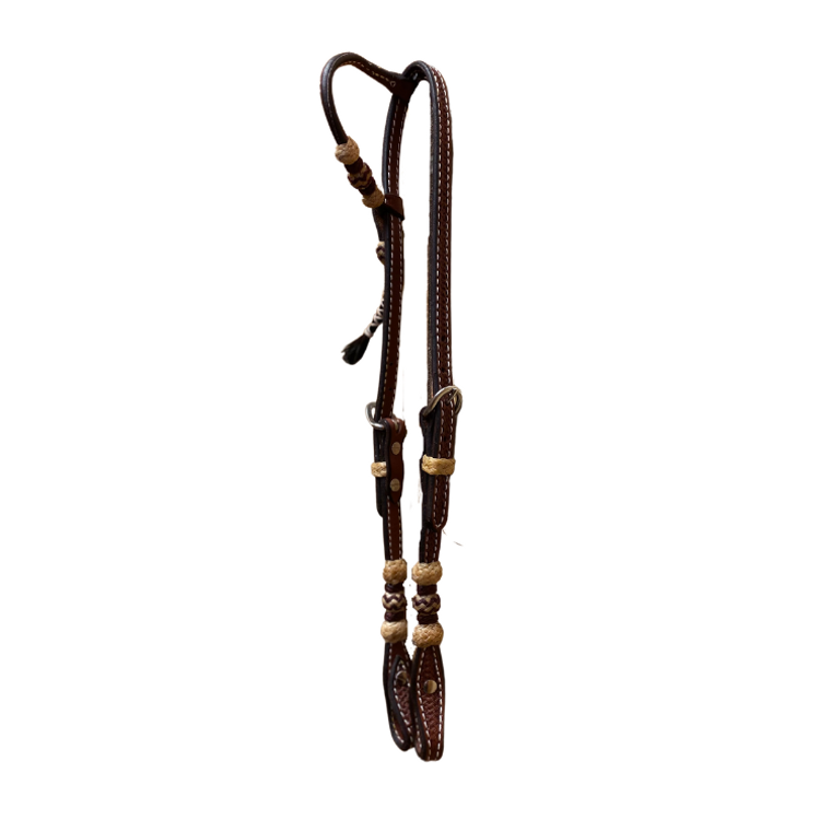 Ray's Basket Stamped Heavy Oil One Ear Headstall with Burgundy Round Rawhide Trim