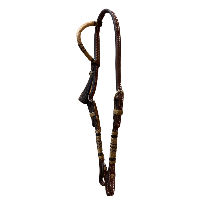 Ray's Basket Stamped Heavy Oil One Ear Headstall with Black Rawhide Trim