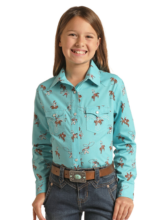 Panhandle for Girl's Long Sleeve Vintage Western Print Snap Shirt