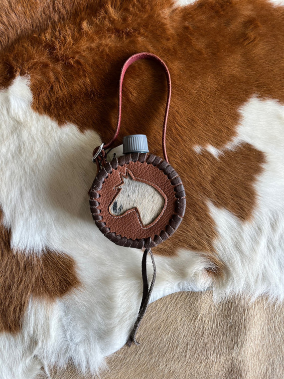 Leather Covered Mini Canteen with Black/White Horse Cowhide Inlay