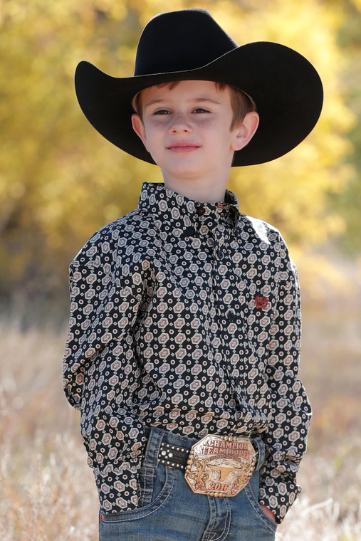 Cinch Boy's Black/Khaki Match Dad Medallion Print Button-Down Western Shirt