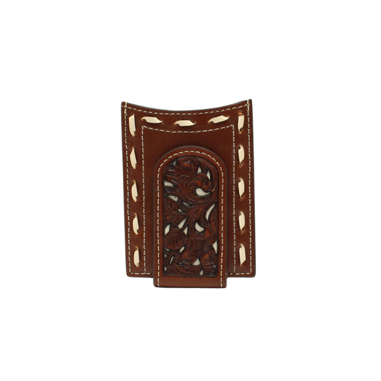 Nocona Men's Chocolate Ivory Buck Lace Edges Money Clip