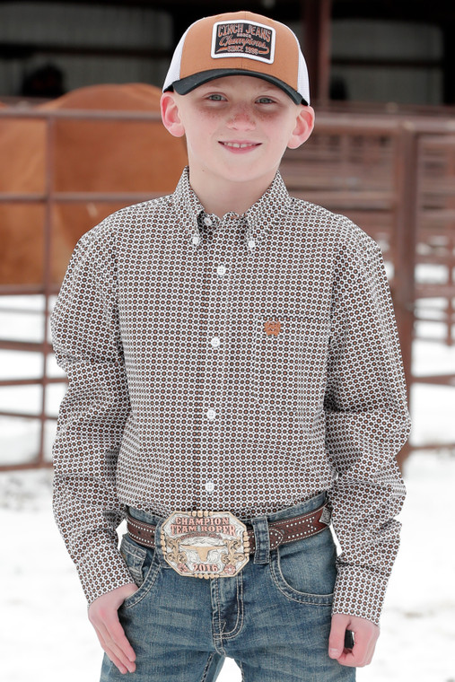 Cinch Boy's Match Dad Geometric White/Gold Print Button-Down Western Shirt