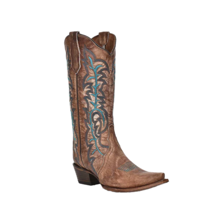 Circle G Women's Hand Painted Brown and Turquoise Snip Toe Boots