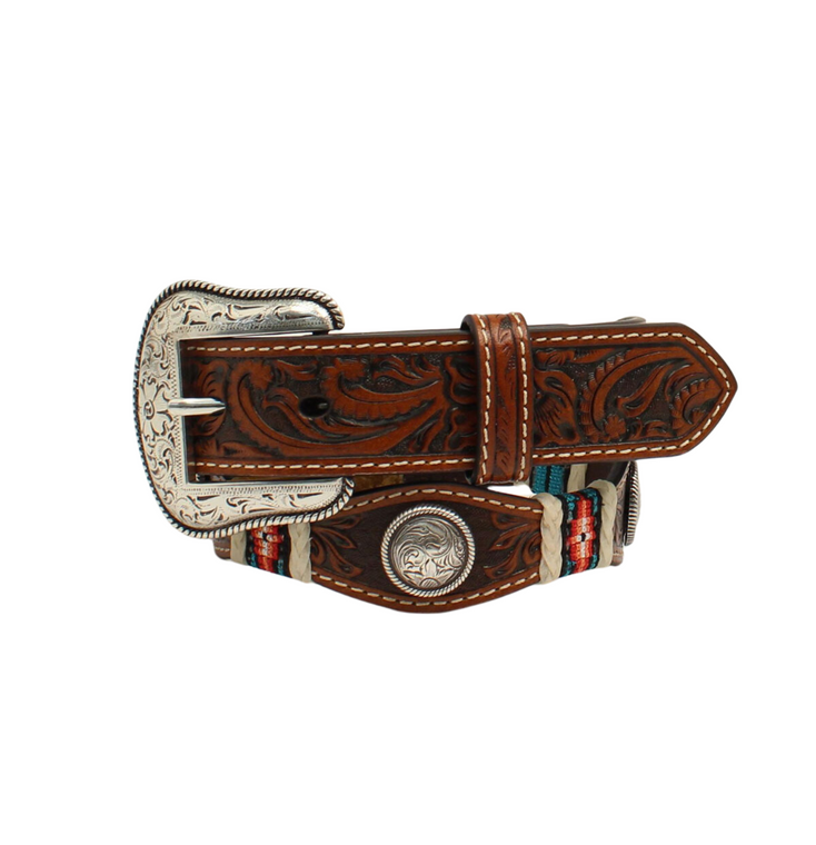 Nocona Youth Floral Embossed Scalloped Braided Rawhide Belt