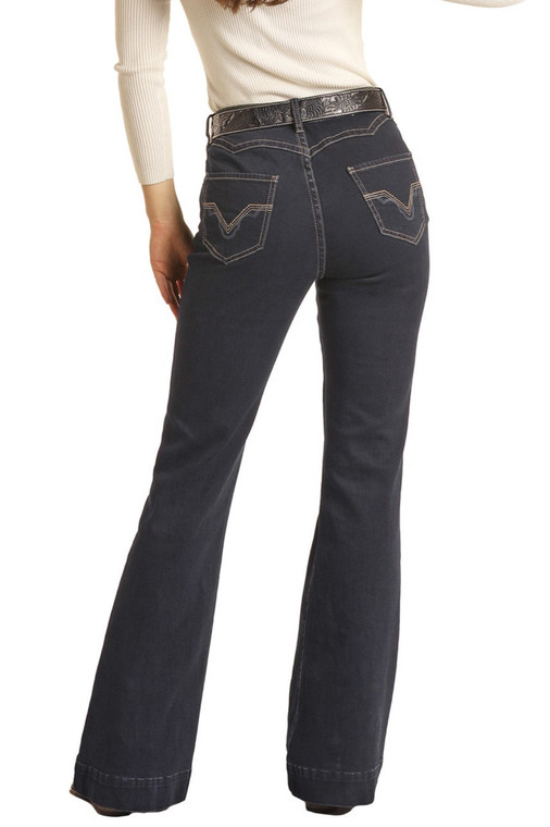 Rock & Roll Denim Women's Dark Wash Mid Rise Extra Stretch Trouser Jeans