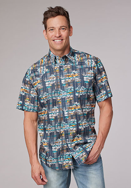 Roper Men's Distressed Tropical Print Short Sleeve Shirt
