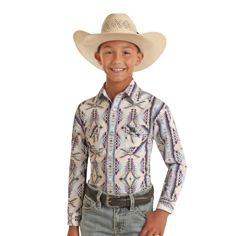 Panhandle Select Boy's Turquoise Aztec Long Sleeve Snap Shirt