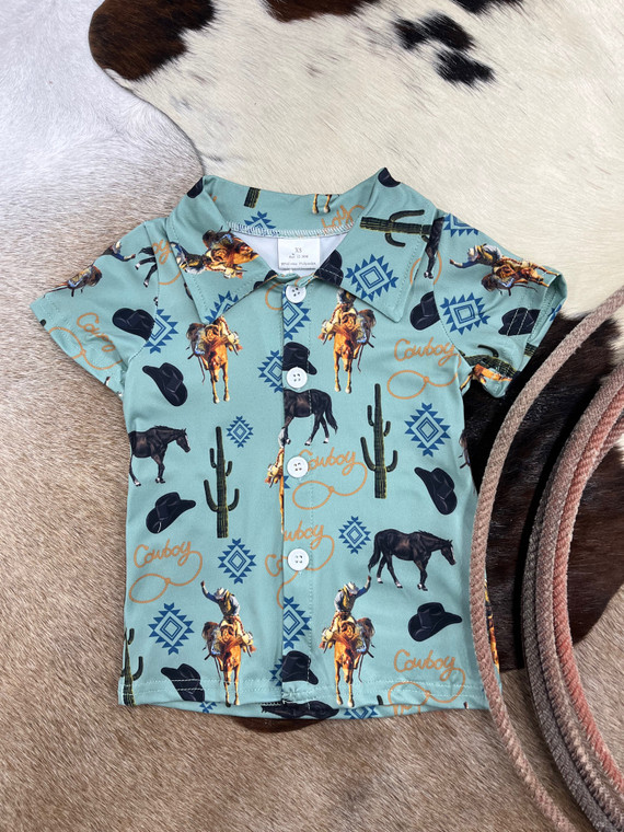Toddler Boy's Teal Print Western Short Sleeve Button Down Shirt