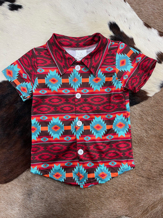 Toddler Boy's Red Print Western Short Sleeve Button Down Shirt