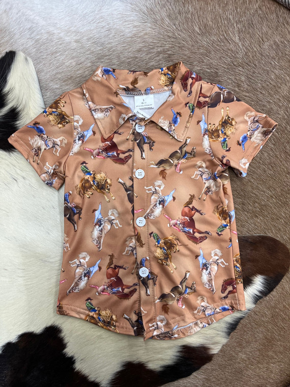 Toddler Boy's Brown Print Western Short Sleeve Button Down Shirt