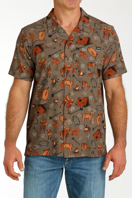 Cinch Men's Brown Western Print Short Sleeve Camp Shirt