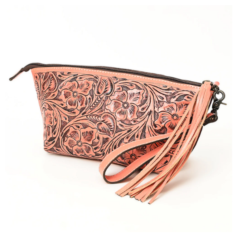 Pink Tooled Wristlet Oversized Clutch Travel Bag