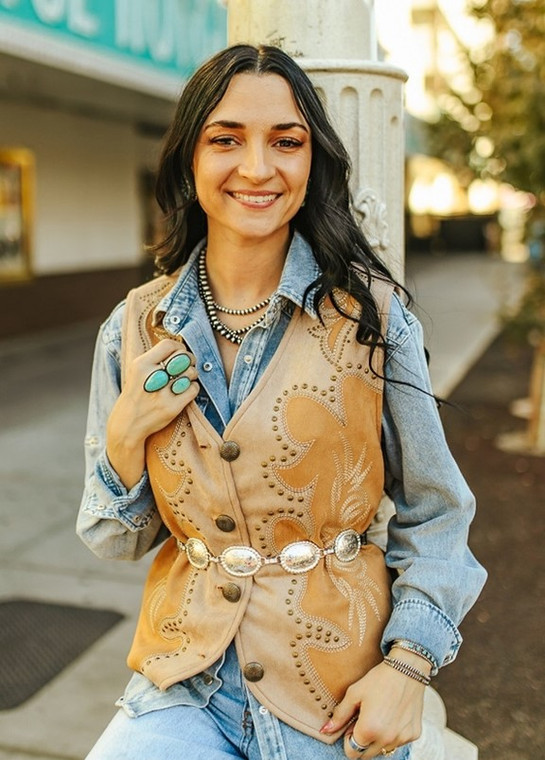 Camel Suede Boot Stitch Patched Embroidered Vest