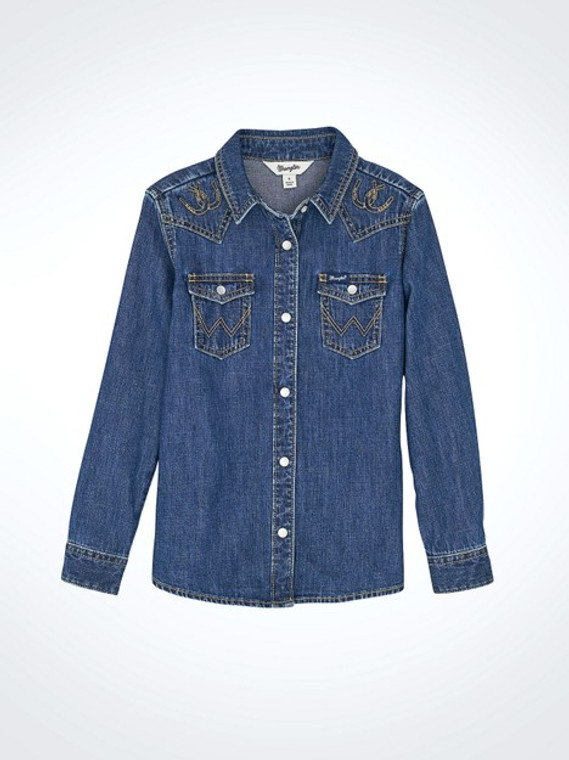 Wrangler Girl's Horseshoe Embroidered Western Snap Denim Shirt