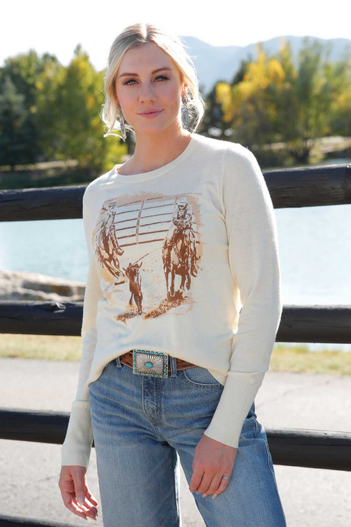 Cruel Girl Women's Cream Team Roping Graphic Sweater
