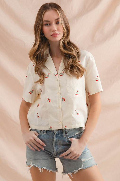 Women's Cream Disty Floral Embroidered Button Down Shirt