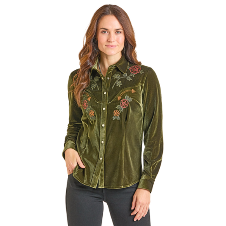 Panhandle Slim Women's Green Velvet Retro Snap Long Sleeve Shirt