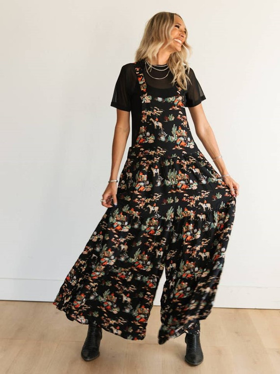 Women's Black Wagon Overall Ruffle Romper