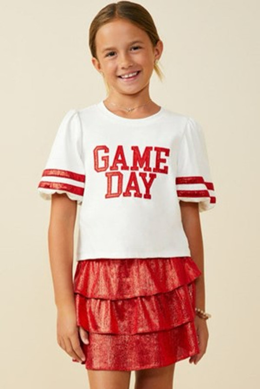 Girl's Red & White Game Day Bubble Sleeve Top