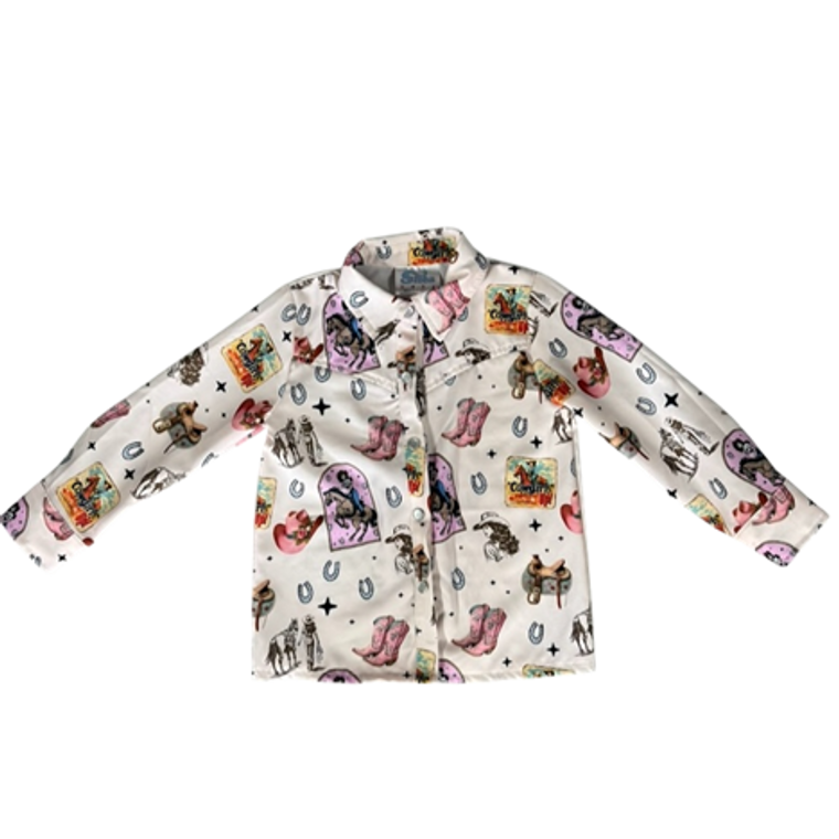 Pink Vintage Cowgirl Long Sleeve Pearl Snap Shirt
