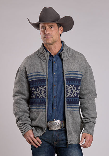 Stetson Men's Grey Wool Blend Aztec Border Cardigan