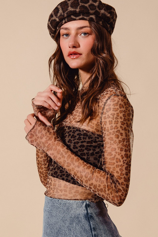 Women's Leopard Mesh Mock Neck Top