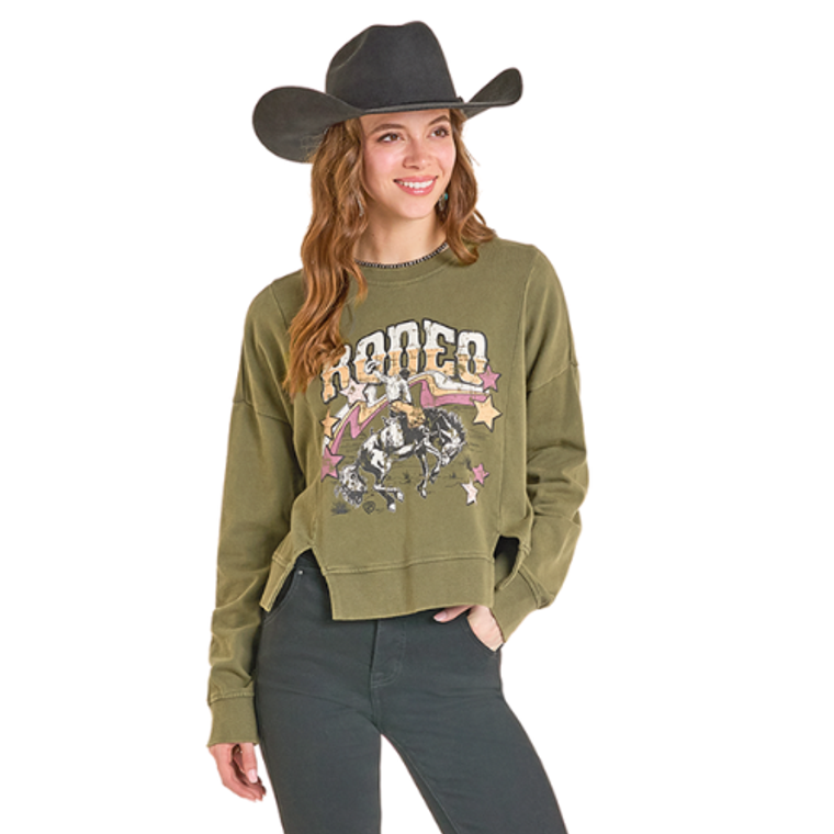 Rock & Roll Women's Olive Rodeo Graphic Pullover