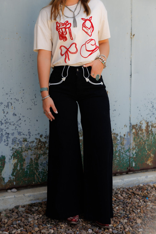 Howdy Hanny Women's Black Smiley Wide Leg Denim