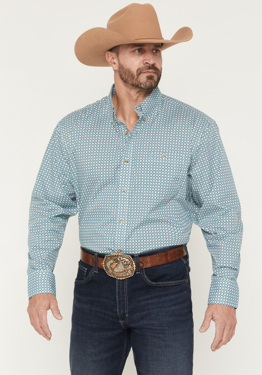 Wrangler Men's Classic Teal Geo Print Long Sleeve Button-Down Western Shirt