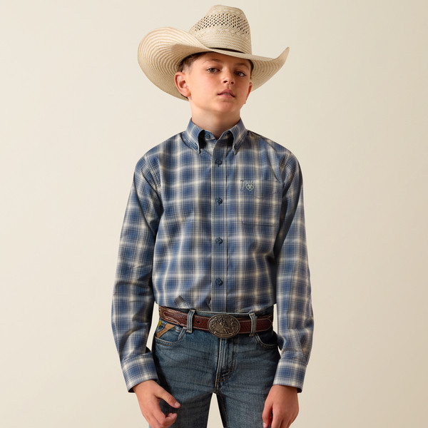 Ariat Boy's Key Largo Blue Plaid Scottie Long Sleeve Shirt
