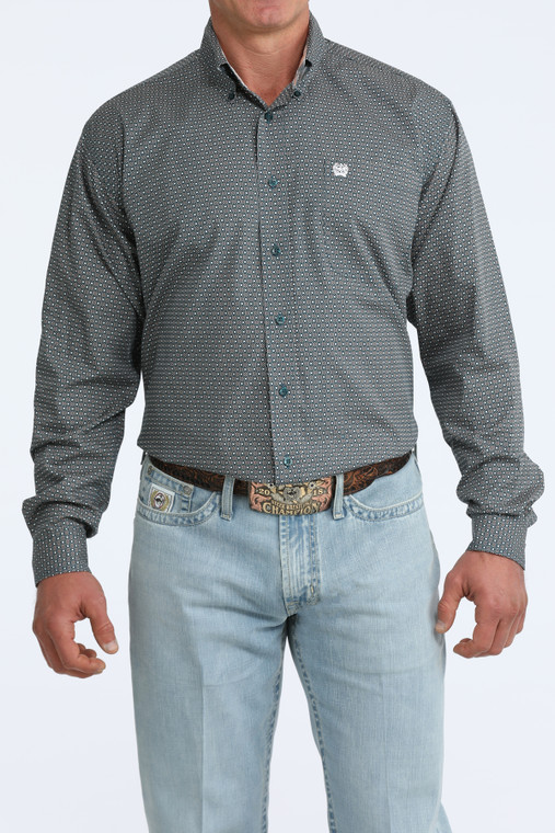 Cinch Men's Teal Geometric Print Long Sleeve Button-Down Shirt
