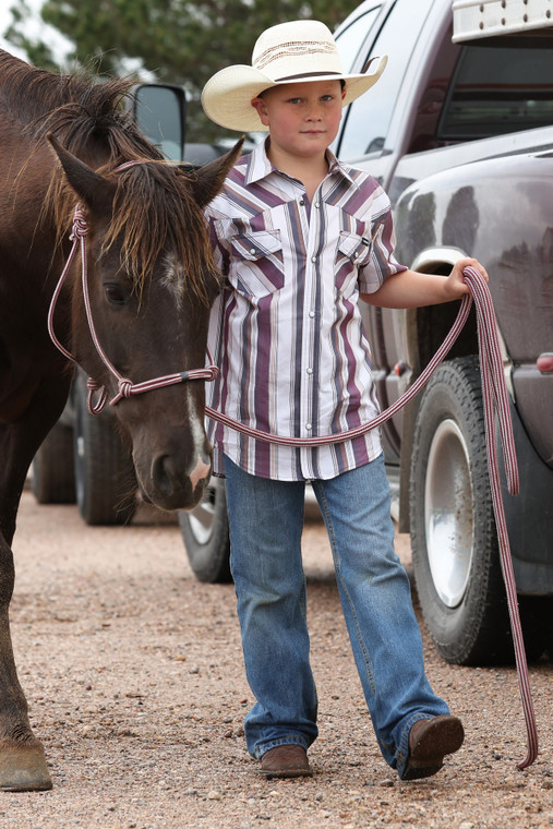 Cinch Boy's Burgundy Striped Short Sleeve Snap Shirt
