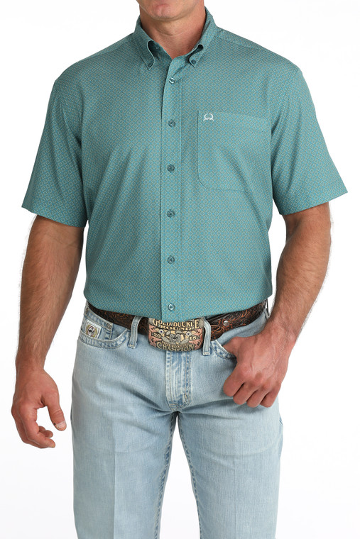 Cinch Men's Turquoise Geometric Print Short Sleeve ArenaFlex Shirt