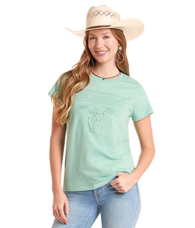 Panhandle Slim Women's Light Turquoise Embossed Skull Tee