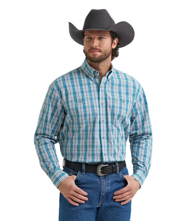 Wrangler® Men's George Strait™ Teal Plaid Long Sleeve Button Down Two Pocket Shirt