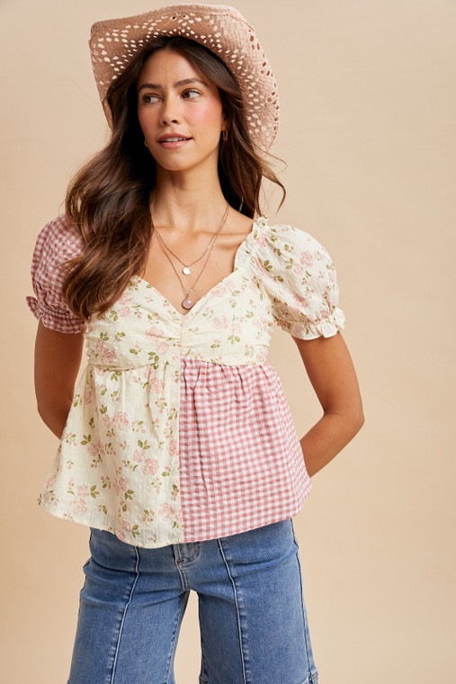 Women's Rose Floral Gingham Sweetheart Babydoll Blouse
