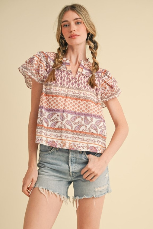 Women's Paisley Print Flutter Sleeve V Neck Top