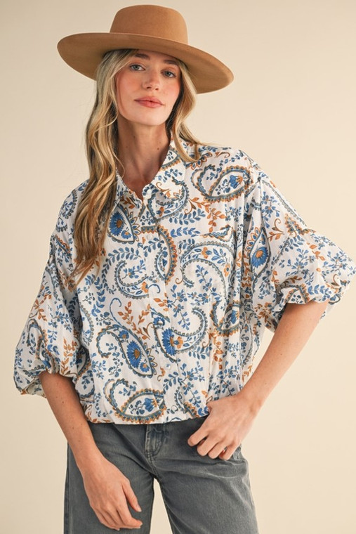 Women's Teal Blue Paisley Print Button Down Bubble Sleeve Top