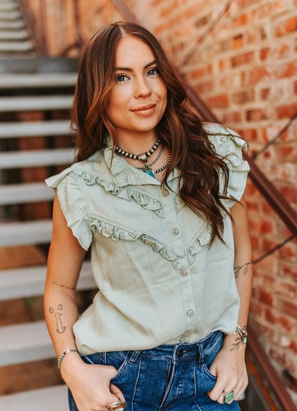 Women's Mint Concho Button Down Ruffle Tank