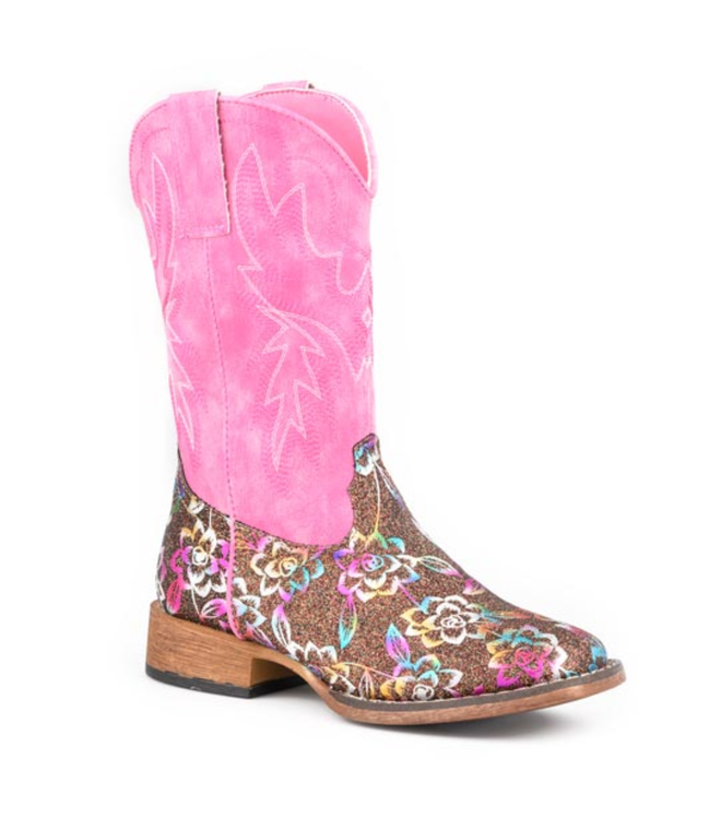 Roper Kids' Bronze Floral Glitter Square Toe Boots