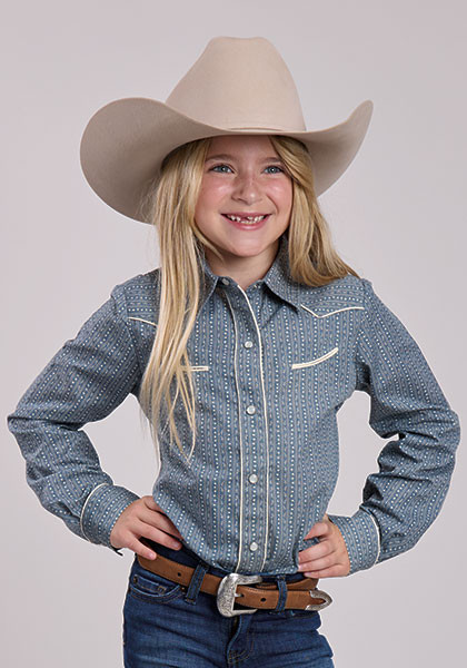 Roper Girl's Blue Floral Wallpaper Stripe Long Sleeve Western Shirt