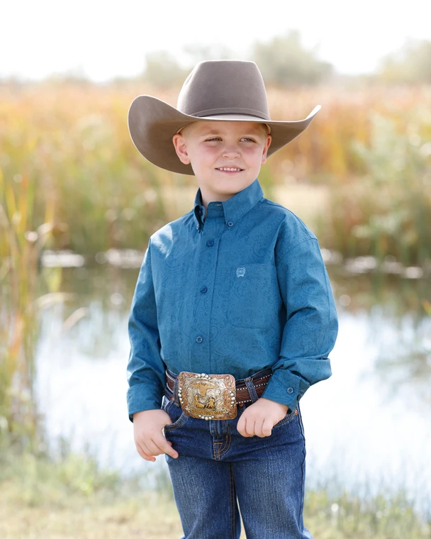 Cinch Boy's Blue Paisley Print Long Sleeve Button-Down Shirt