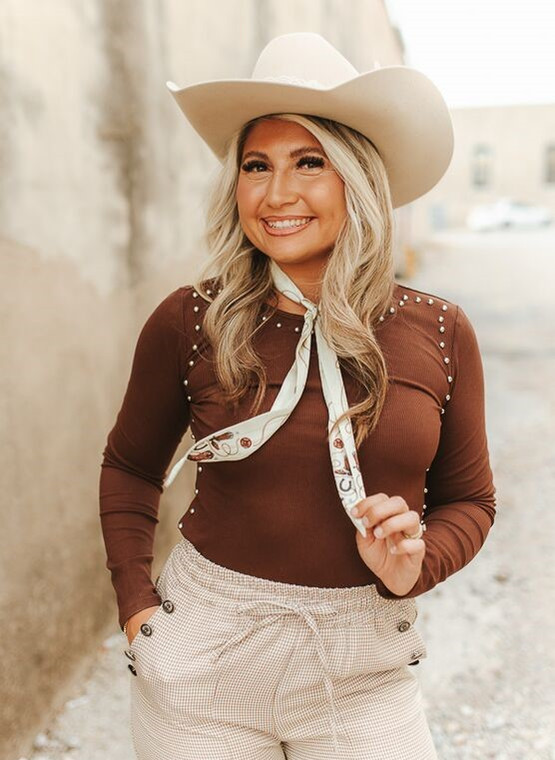 Women's Brown Studded Long Sleeve Fitted Top