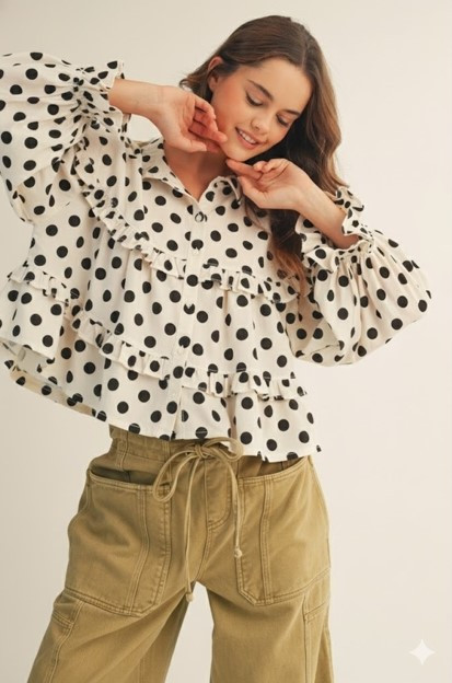Women's Ivory Polka Dot Ruffle Blouse