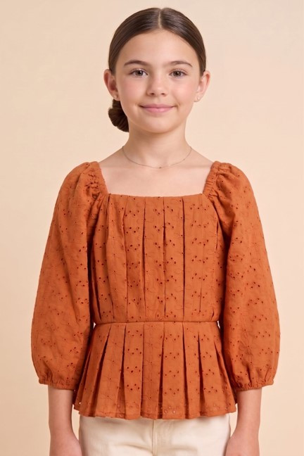 Girl's Rust Eyelet Pleat Detail Peplum Top