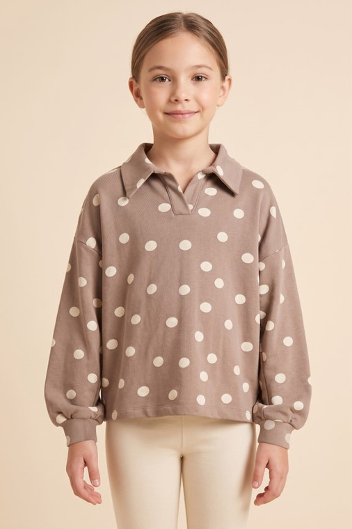 Girl's Taupe Polka Dot Knit Long Sleeve Collared Shirt