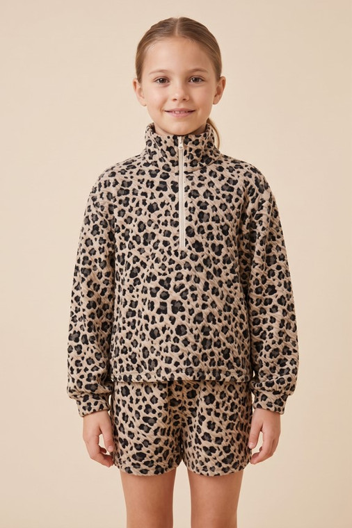 Girl's Textured Leopard Print Mock Neck Pullover